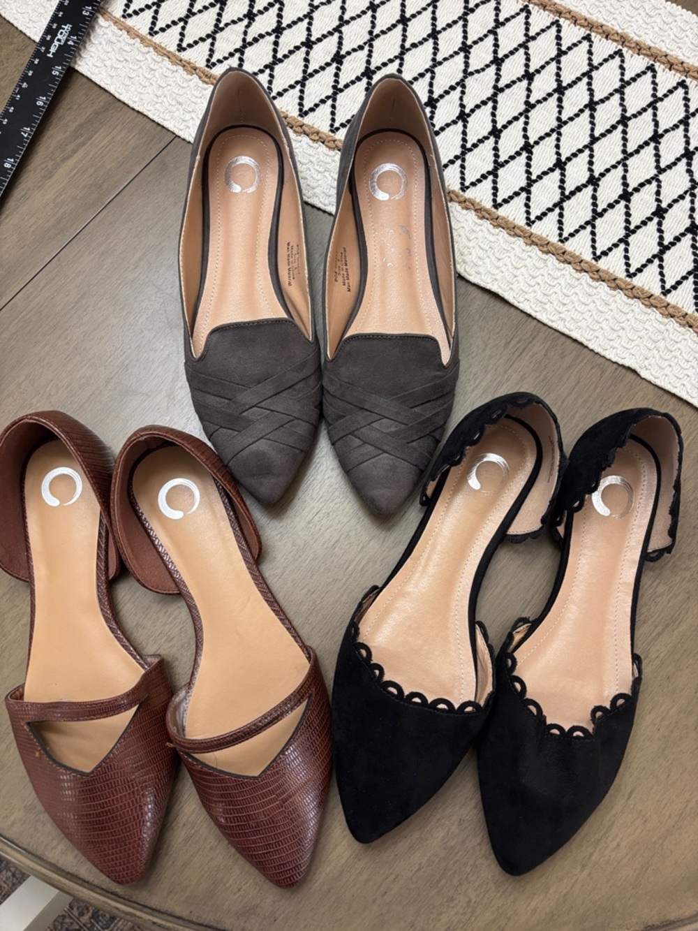 Women's Pointed Flats in Brown, Gray & Black